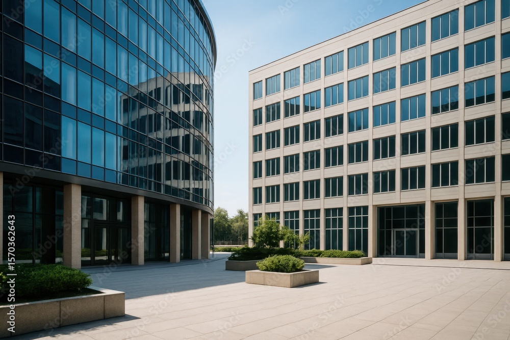 Poster modern office building complex with glass facade and open courtyard in urban setting for business an