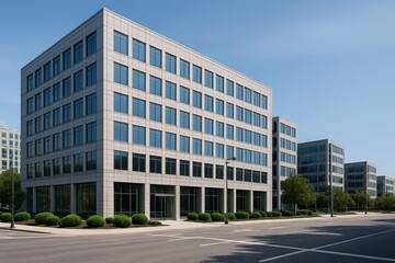 Modern Office Buildings in Urban Setting with Clear Sky and Well-Maintained Landscaping Near Roadway