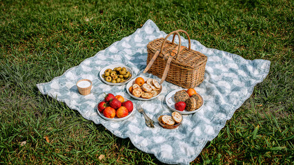 Colorful picnic blanket spread with delicious snacks