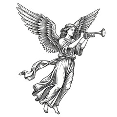 Vintage Angel Blowing Trumpet Wings Illustration Religious Woman