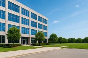Obraz premium Modern Office Building with Large Windows Under Clear Blue Sky Surrounded by Green Lawn and Trees in a Serene Business District