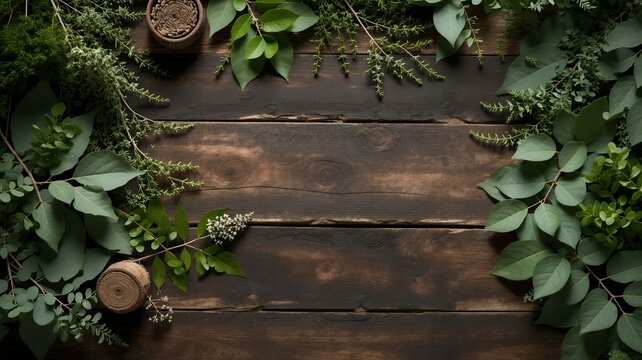 Elegant botanical arrangement with eucalyptus and sprigs framing a dark, rustic wooden background. - Powered by Adobe