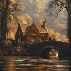 A photograph of a red stone cottage covered in ivy, nestled beside the Llbermaig River, golden autumn trees on both sides, a couple crossing an old stone bridge toward the house,