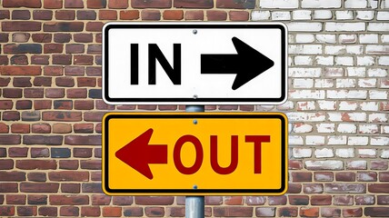Obraz premium In and out directional signs on brick wall background