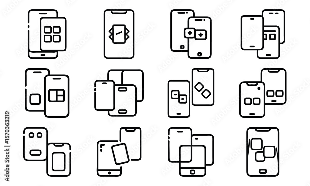 Poster Collection of outlined smartphone icons with user interface elements displaying applications