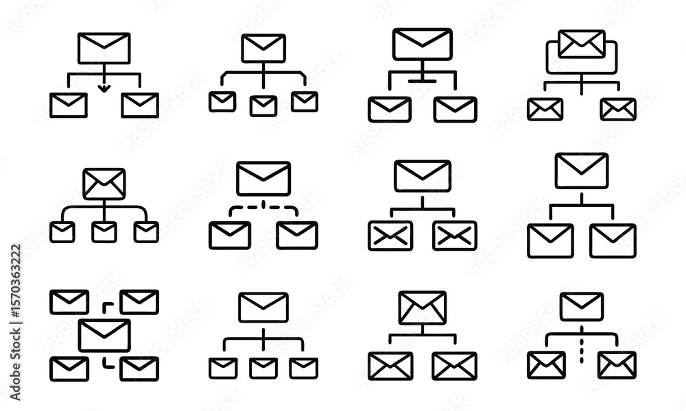 Poster collection of email communication and messaging icons representing connections and deliveries
