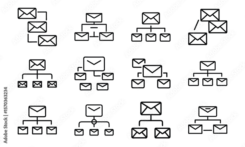 Poster vector illustrations of email messaging diagrams and communication flow concepts in black lines
