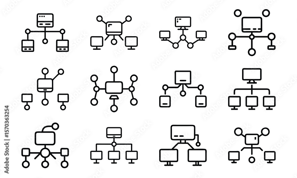 Poster vector icons of network computer diagrams illustrating connectivity and information flow for design