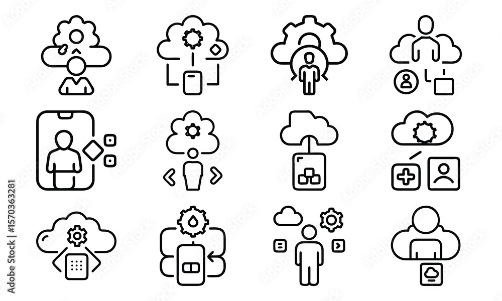 Poster cloud computing and technology icons depicting network data storage and user interaction
