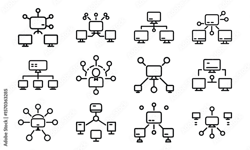 Poster Collection of computer network icons illustrating connectivity and data flow for various applications