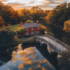 A peaceful riverscape with a red cottage cloaked in ivy, across a still river with orange-leafed trees, soft clouds overhead, stone bridge crossing gently toward the home.