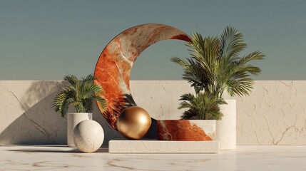 Marble podiums with golden sphere and palm plants display