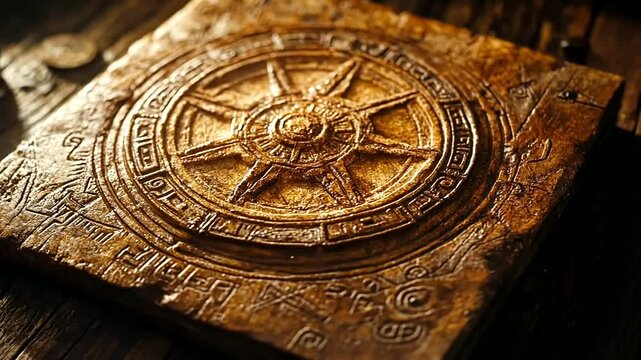 Ancient stone tablet with intricate carvings and a mysterious symbol in sepia tones