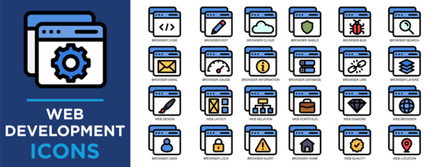 web development, web, business, computer, technology, developer icon set. Outline icons collection. Simple vector illustration	
