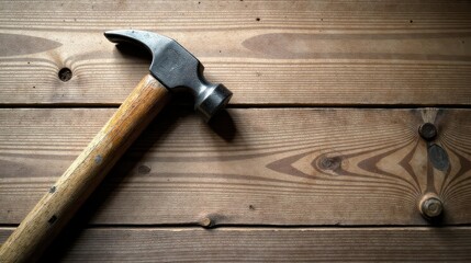 A well-worn claw hammer rests diagonally on a rustic wooden surface, showcasing the grain and texture of the wood