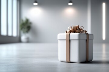 Elegant white gift box with brown ribbon placed under modern interior lighting