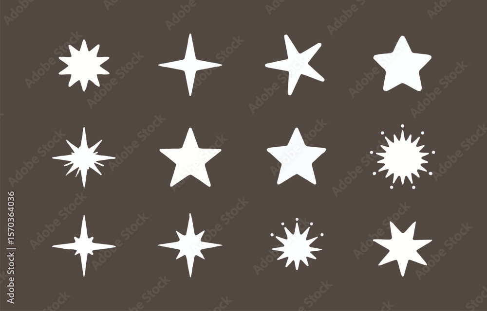 Poster a collection of twelve white star shapes and sparkling elements are displayed against a dark brown b