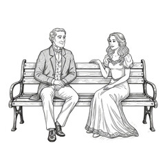 Vintage Sketch of Couple Enjoying Pleasant Conversation on Bench