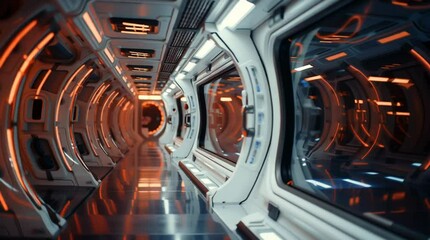 guardians of the galaxy ship corridor, with bright white light above, cinematic, 35mm.