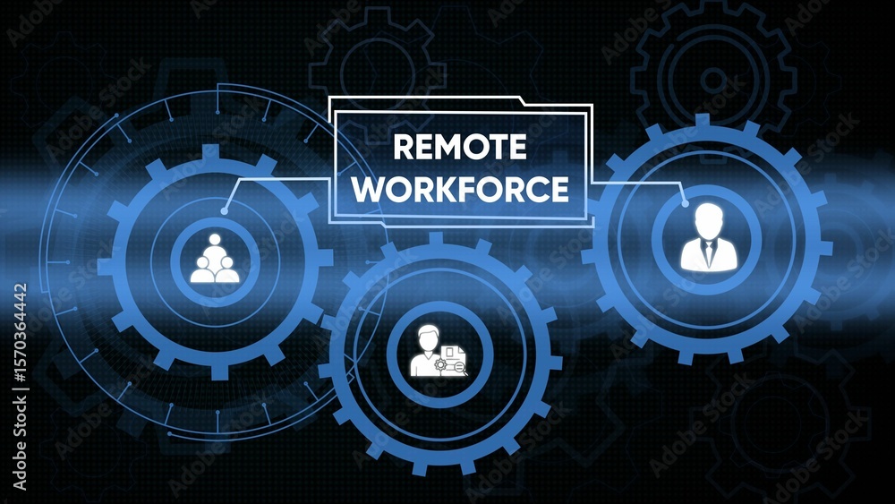 Poster conceptual illustration representing remote workforce collaboration in a dynamic digital business en