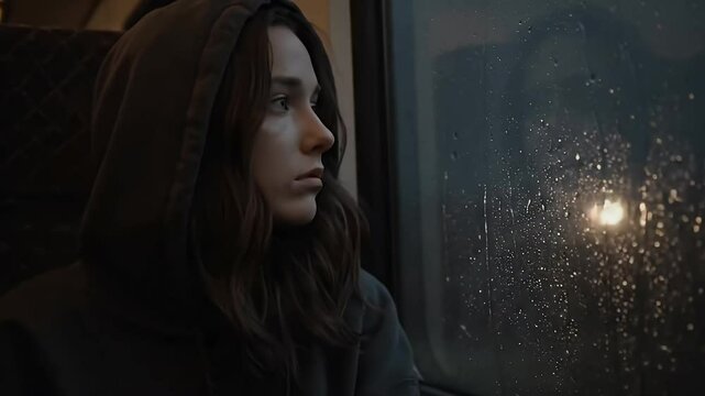 A pensive young woman gazes out a rain-streaked window during a somber journey.