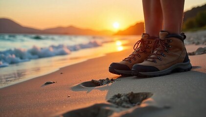 Well-worn Hiking Boots Leave Footprints in Sunset Sand A Serene Travel and Adventure Image