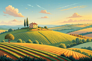 Rolling Hills of Tuscany at Sunset with Farmhouse and Cypress Trees, a Pastoral Landscape Painting in Warm Colors background