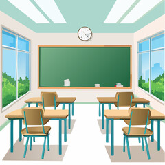 Classroom design showcasing desks, blackboard and windows, ideal for educational projects or back to school promotions.