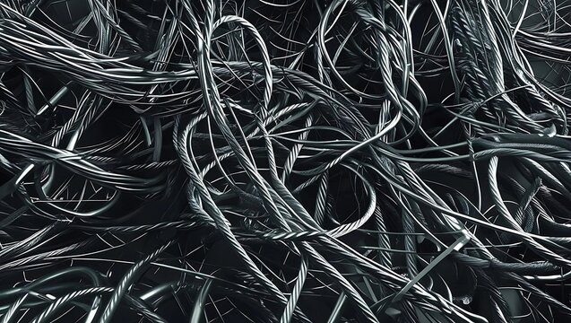 A tangled and chaotic mass of intertwined metal wires, creating a complex and abstract pattern. - Powered by Adobe