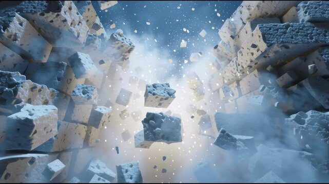 A brick wall dramatically explodes outward, sending debris and dust into the air against a dark blue background.