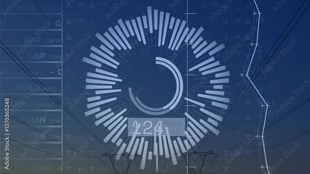 Poster upon label appearing radial chart rotating pulsing line graph shifting dusk, monitoring energy data