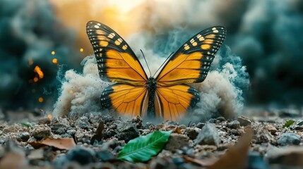 Obraz premium Orange Butterfly Emerging from Grey Smoke and Ash