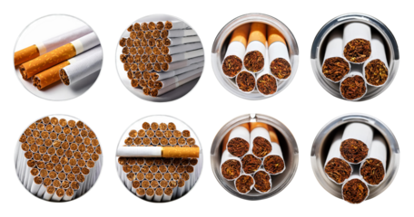 Cigarettes with Filters and Tobacco in Diverse Arrangements and Views, isolated on transparent background