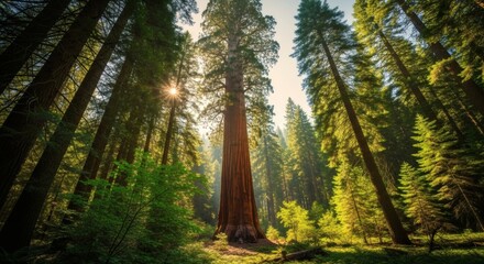 A towering sequoia tree stands amidst a lush forest with sunlight filtering through the canopy above it