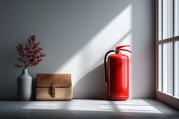 Red fire extinguisher casting long shadow against white interior wall in sunlit room