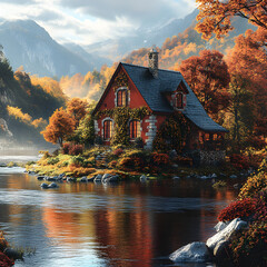A cozy ivy-wrapped cottage of red stone across a quiet flowing river, framed by golden autumn leaves and distant blue-gray mountains, low-angle perspective, crisp fall air atmosphere.