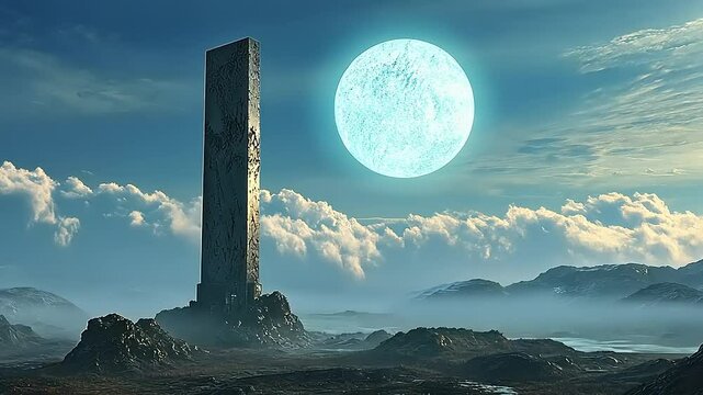 Futuristic monolith stands tall under a glowing blue moon in a surreal landscape at dusk