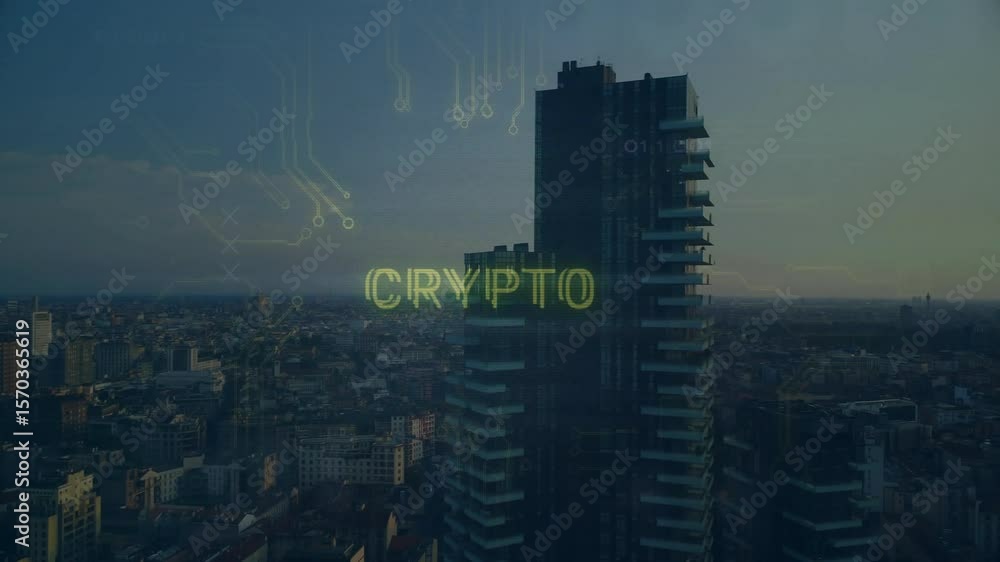 Poster glitching crypto letters flickering shifting yellow fragmenting to show blockchain volatility