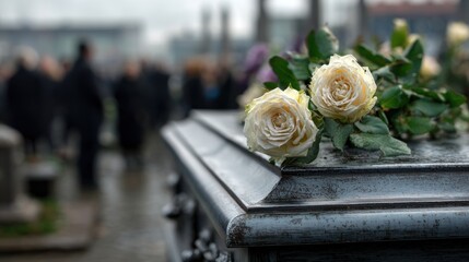 Matte grey coffin adorned with cream roses surrounded by mourners at a serene cemetery under an overcast sky