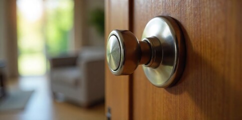 Secure Home Entry Gleaming Modern Key in High-Security Deadbolt Lock on Wooden Door