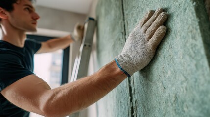 Worker installs acoustic insulation panel on wall during home renovation with soft natural lighting