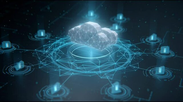 A digital cloud network concept with interconnected servers and a central polygonal cloud structure on a futuristic background.