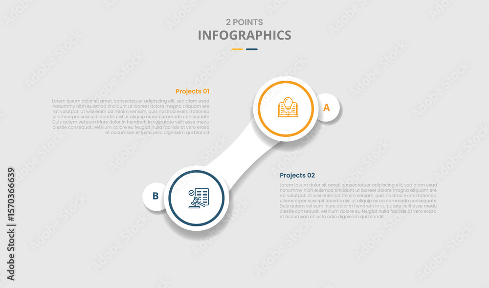 Poster 2 points comparison versus for infographic with big circle and rectangle block connection vertical standing with drop shadow with two point list information