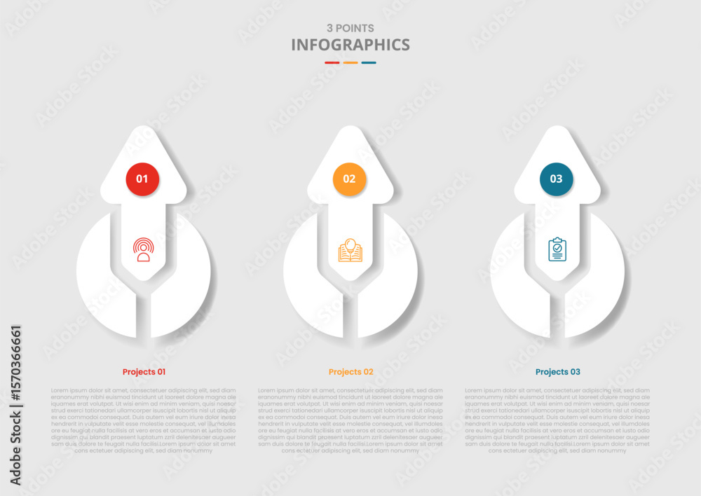 Poster 3 points template infographic with big arrow circle combination top direction with drop shadow style
