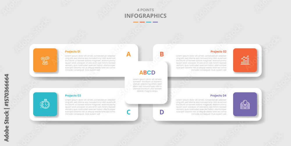 Poster 4 points template infographic with long rectangle box on quadrant structure with drop shadow style w