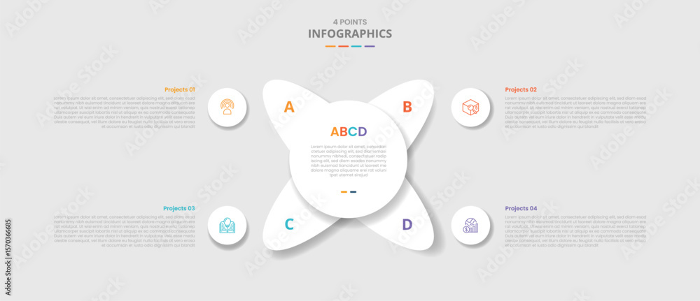 Poster 4 points template infographic with big circle and oval rotation on matrix quadrant with drop shadow 
