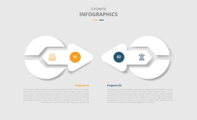 2 points comparison versus for infographic with creative circle and arrow shape combination with drop shadow with two point list information