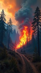 Wildfire Ravages Dry Forest Destructive Blaze Consumes Outback Landscape, Creating a Dramatic and Hazardous Scene of Smoke and Fire