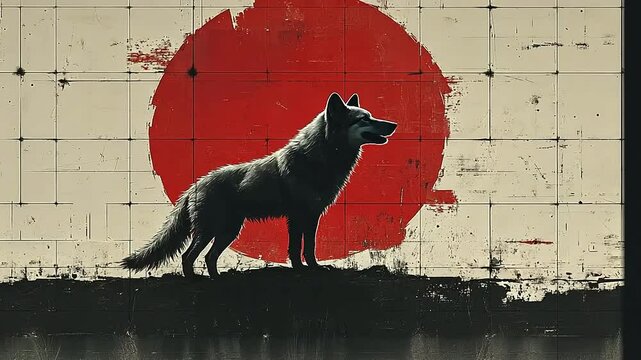 Artistic wolf portrait in front of a stylized red sun, vintage textured background
