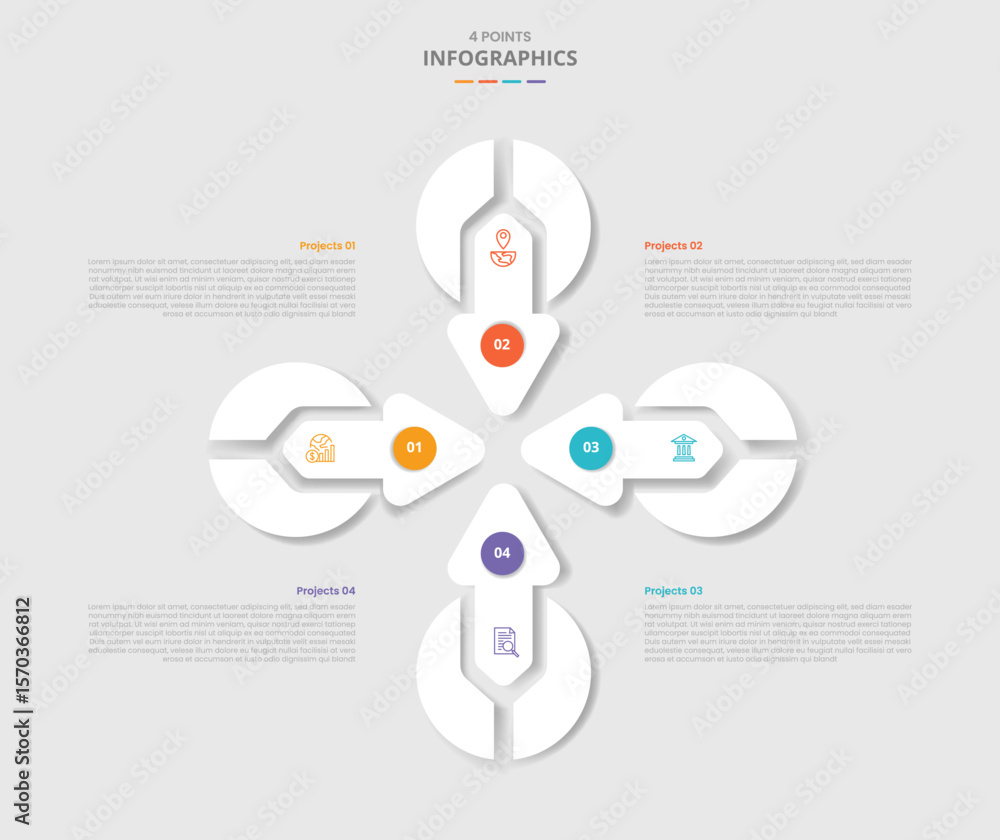 Poster 4 points template infographic with circle arrow centered point on center with drop shadow style with